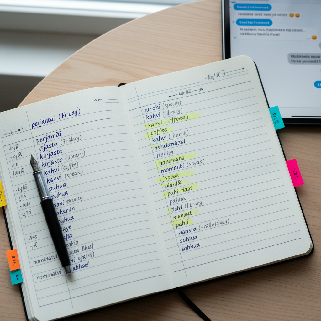 A close-up of an open language notebook on a light birch table, its pages filled with neatly handwritten Finnish words in blue ink alongside English translations highlighted in soft yellow. Colorful sticky notes with tiny grammar arrows and case endings are tucked between pages. A slim black fountain pen rests diagonally across the margin. In the background, slightly out of focus, a tablet displays a Finnish text conversation with message bubbles in blue and gray. Cool, natural window light from the left creates gentle contrast and soft shadows along the paper’s subtle texture. Photographic realism, overhead composition with a top-down view, clean and modern aesthetic, mood is studious yet inviting, emphasizing real-life Finnish in context.