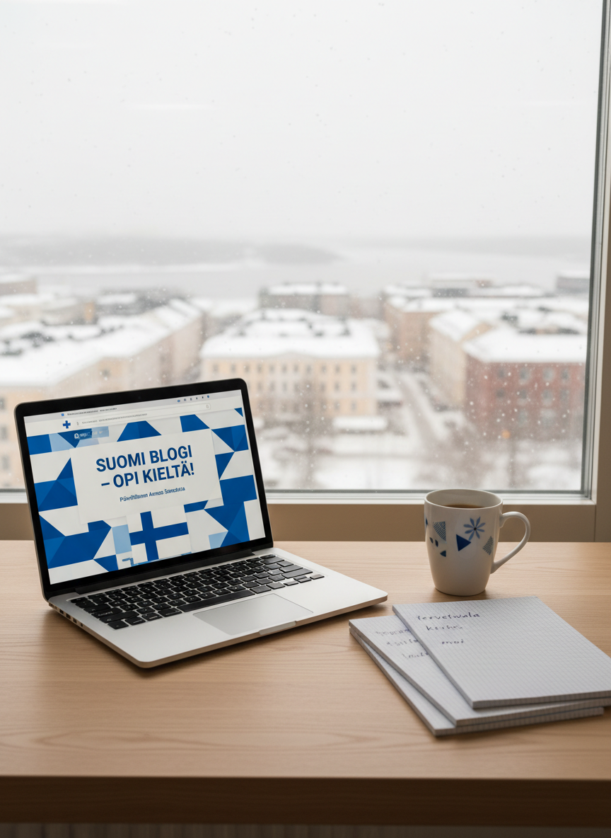 A clean, modern wooden study desk with a slim silver laptop open to a Finnish learning blog homepage, the screen showing bold blue and white interface colors inspired by the Finnish flag. Next to the laptop lies a neat stack of graph paper notebooks labeled with small Finnish vocabulary notes, and a ceramic mug patterned with minimal Nordic designs. The desk stands near a large window overlooking a blurred, snowy cityscape of Helsinki buildings. Soft overcast daylight filters through, creating diffused reflections on the laptop and gentle shadows under the notebooks. Photographic realism, shot at eye level with a slight angle, shallow depth of field keeping the desk in crisp focus while the urban Finnish background gently blurs, conveying a calm, focused, professional study atmosphere.